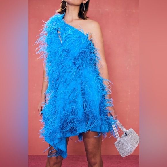 Cult Gaia Eliana Dress Lake Blue Feather Embellished Size XS - Picture 4 of 13
